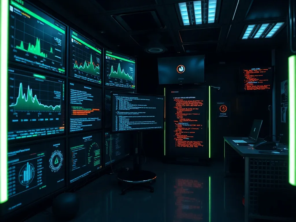 A high-tech digital laboratory with glowing screens displayi